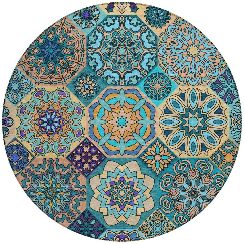 Round patchwork rug with multicolor geometric floral motifs and central rosette medallions