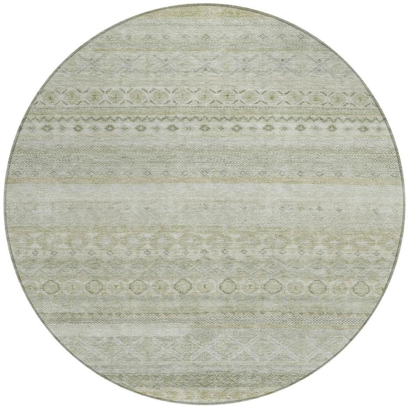 Round striped area rug with light green field and beige horizontal bands