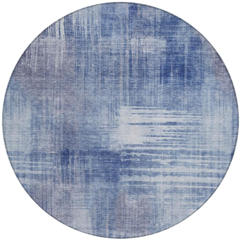 Round blue abstract area rug with distressed stripes and grid-like strokes