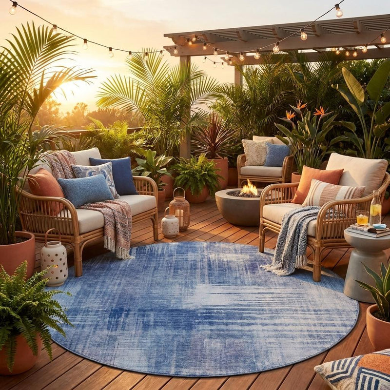 Round blue abstract area rug in outdoor patio seating scene