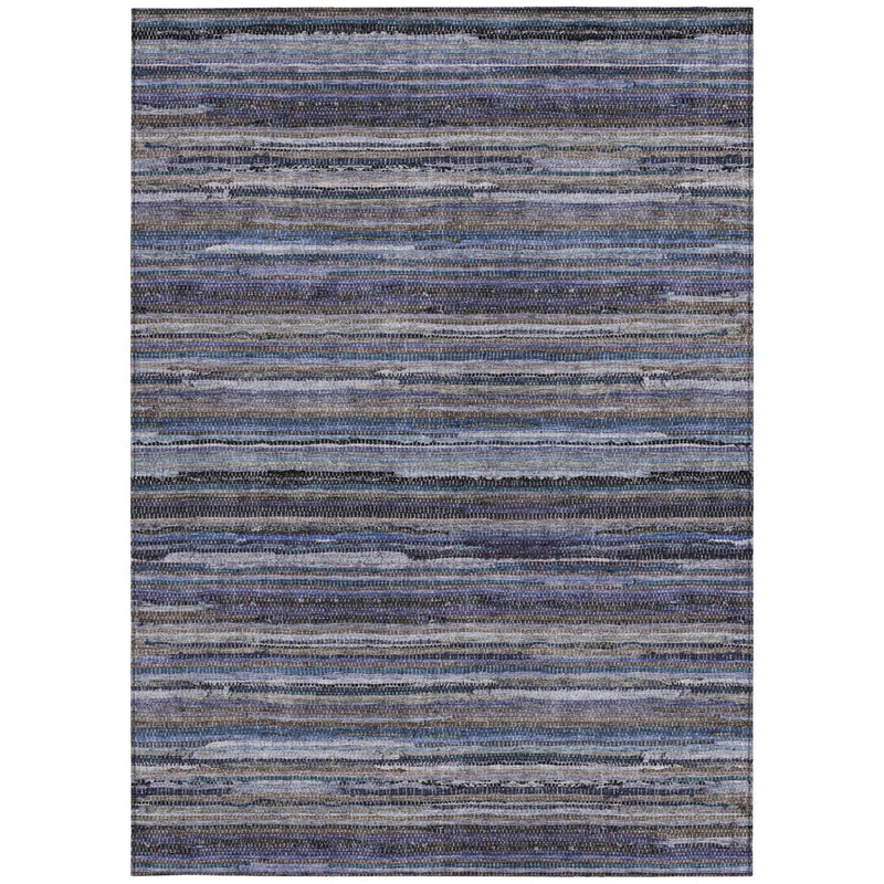 Washable striped area rug with blue and beige horizontal stripe pattern