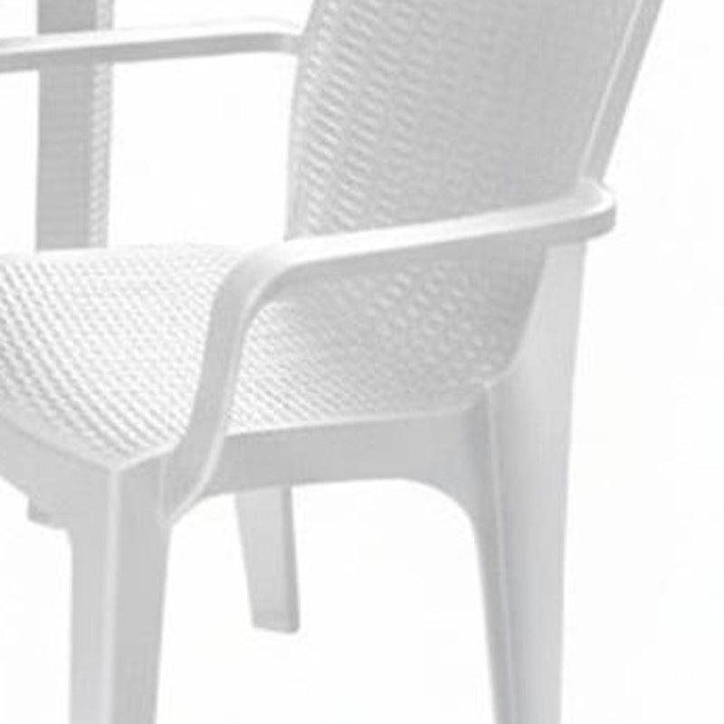 White plastic patio chair with woven-style seat and backrest, curved armrests