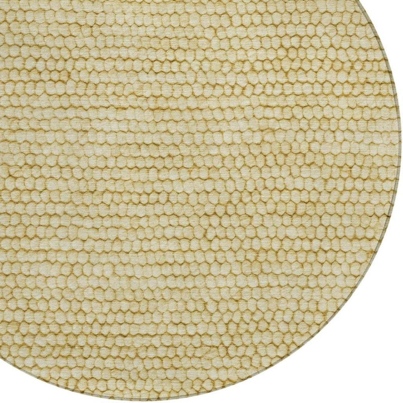 Round area rug close-up with gold-and-wheat pebble texture and stitched edge border
