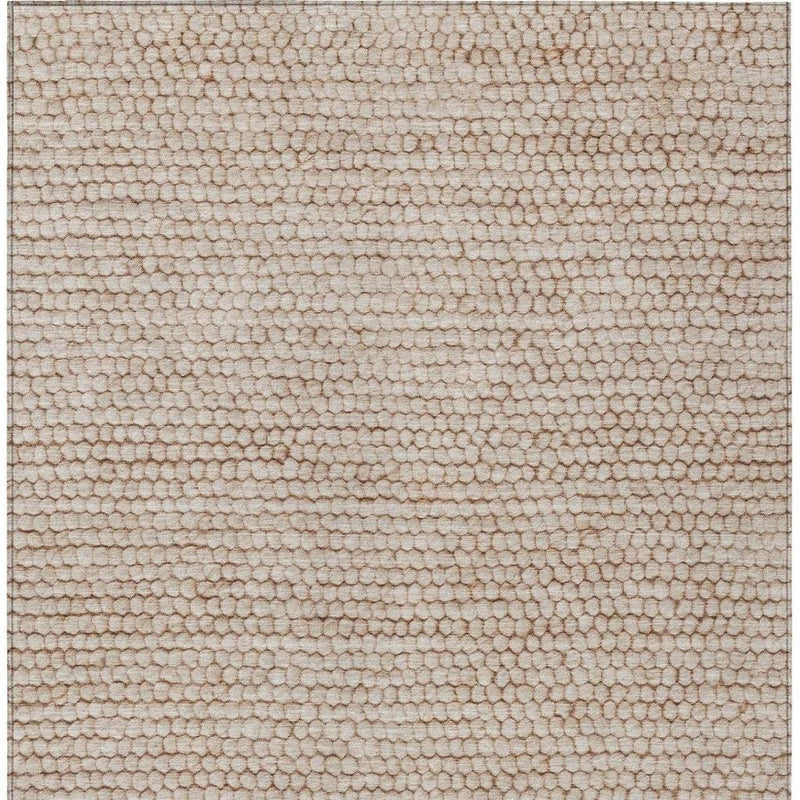 Beige textured area rug with looped surface and straight flat weave border