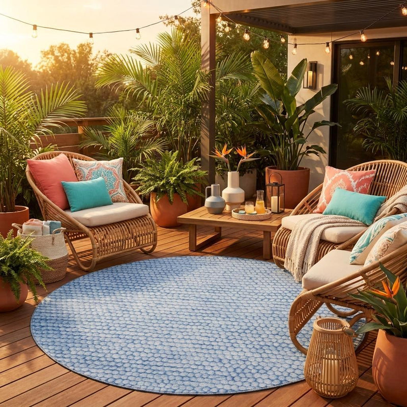 Blue round area rug with dense looped pebble texture in room setting.