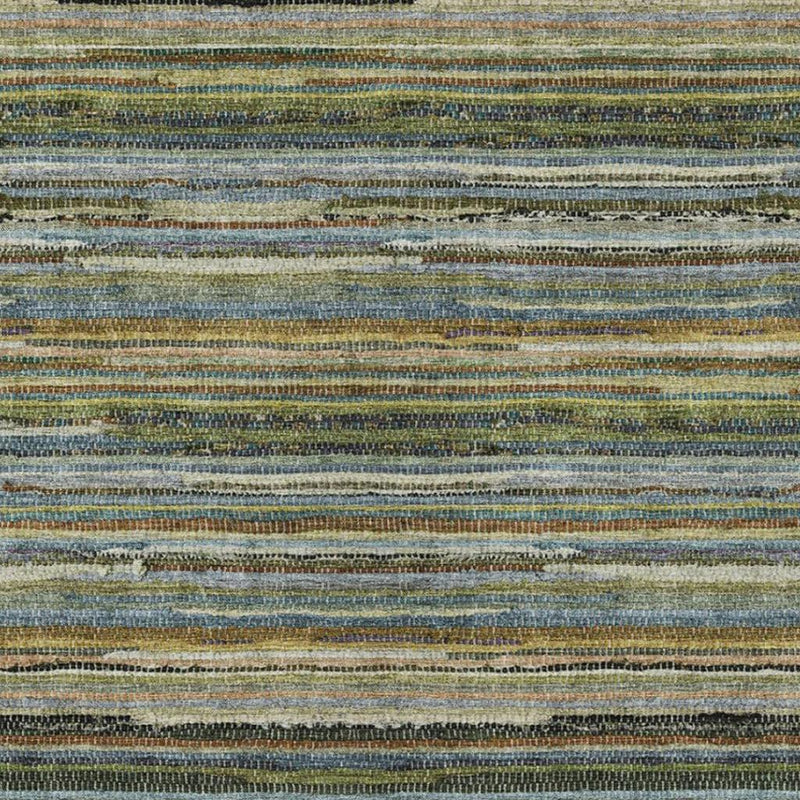 Close-up of striped rug texture with blue, green, tan, and dark flecks
