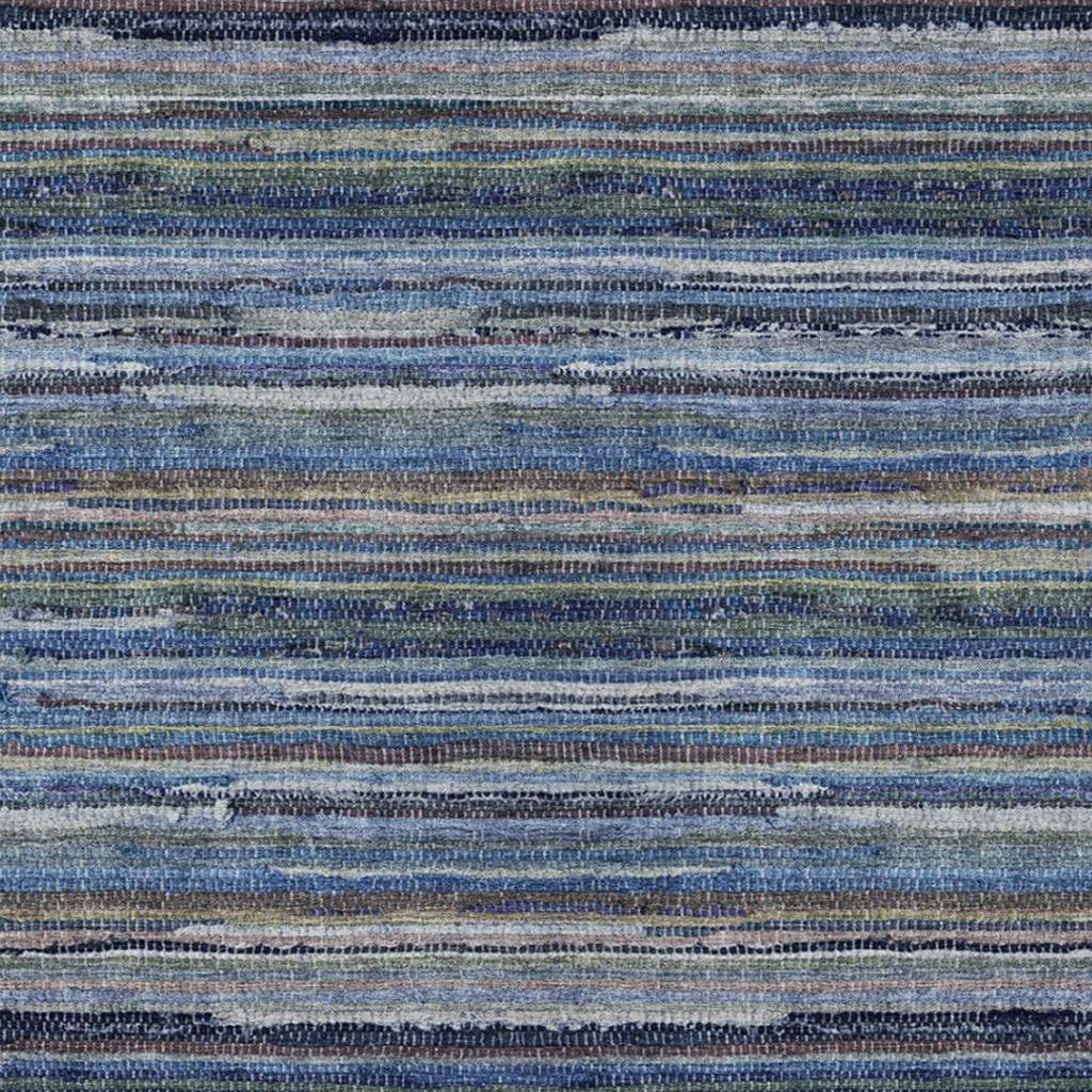 Blue and gray horizontal striped area rug texture with tight woven weave and flecks.
