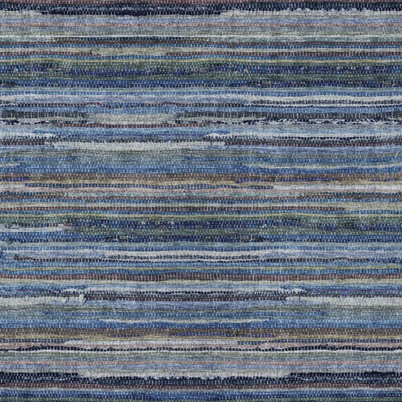 Blue and gray horizontal striped area rug texture with tight woven weave and flecks.