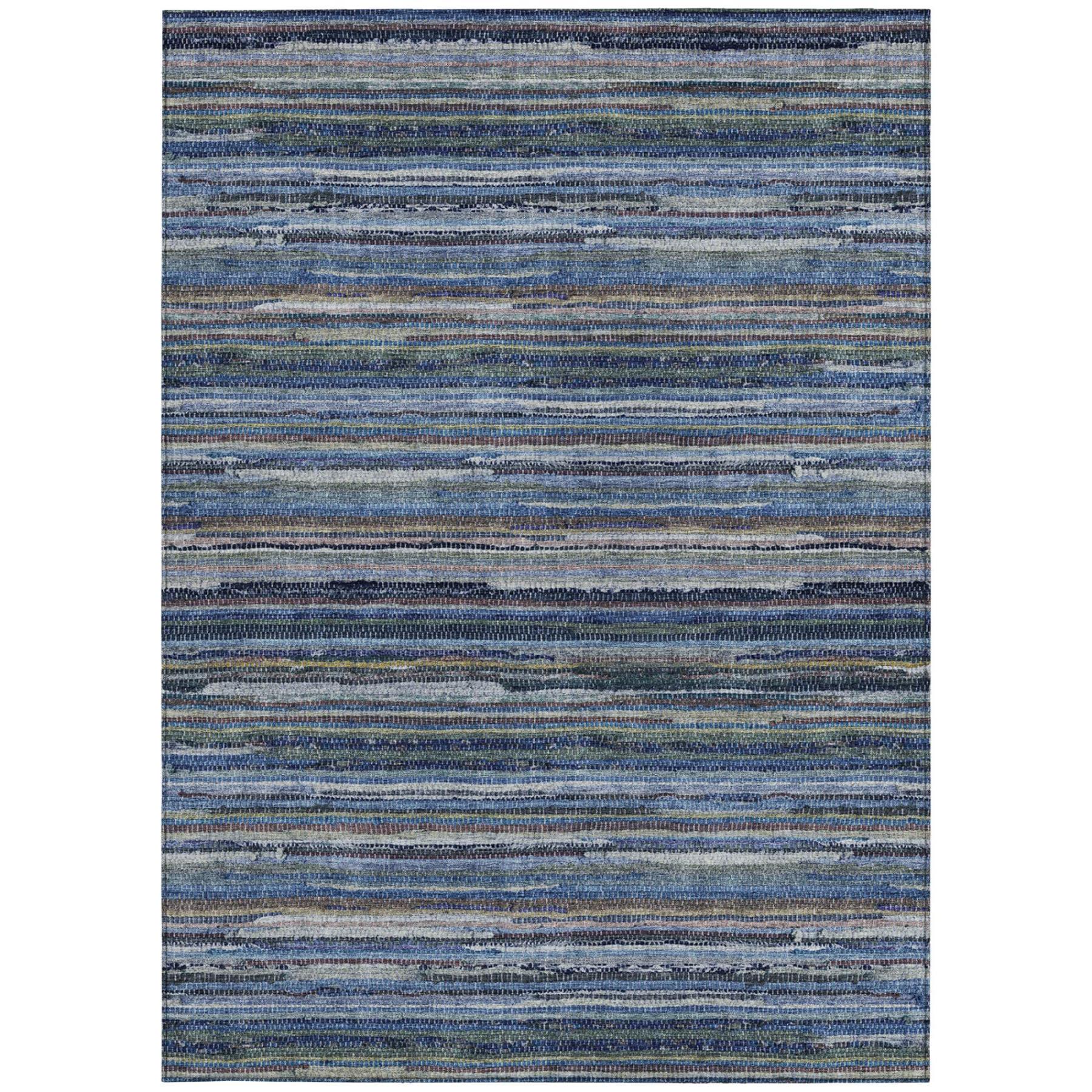 Washable indoor/outdoor area rug with blue and gray horizontal striped pattern.