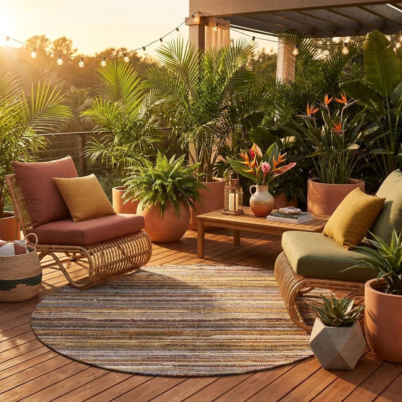 Round striped area rug in orange, brown, blue, and cream on a wood floor
