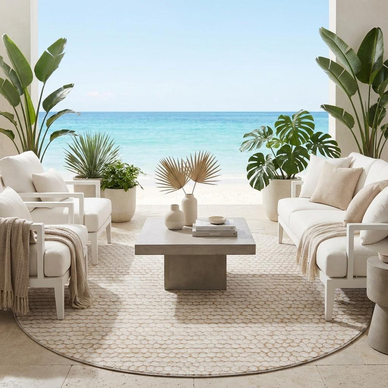 Round ivory area rug centered on the floor
