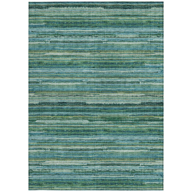 Washable area rug with teal blue and green horizontal stripe pattern and textured weave.