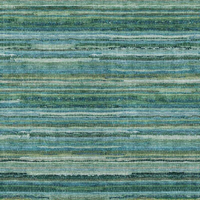 Teal and green horizontal stripe pattern on textured area rug surface