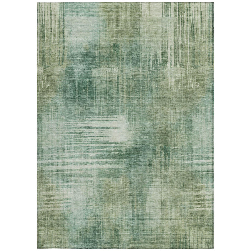 Fern green abstract area rug with layered wash pattern and distressed streaks