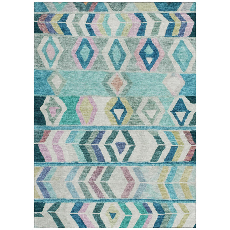 Teal and turquoise tribal patterned area rug with multicolor geometric border bands.