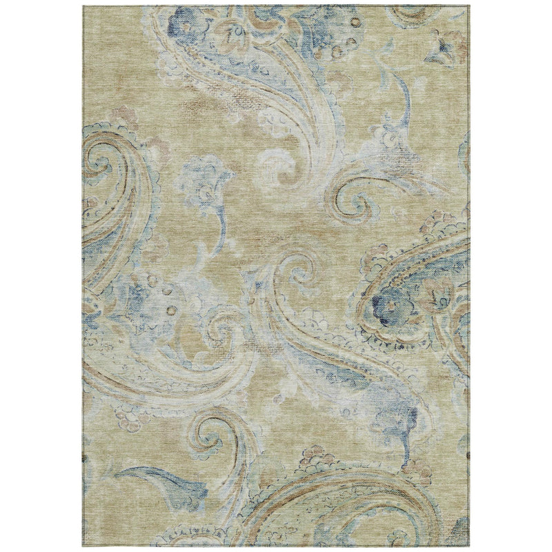 Wheat area rug with blue paisley swirls and ornamental motifs, full view
