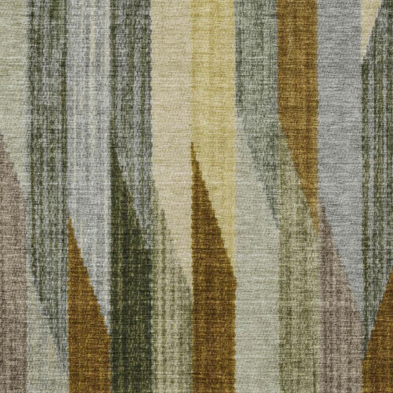 Textured close-up of striped rug with gray, pale blue-green, cream, and mustard