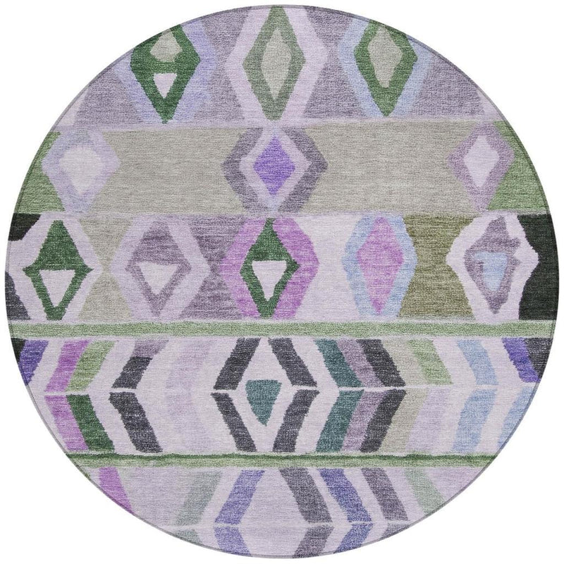 Close view of round rug design: light gray background with multicolor diamond tribal pattern.
