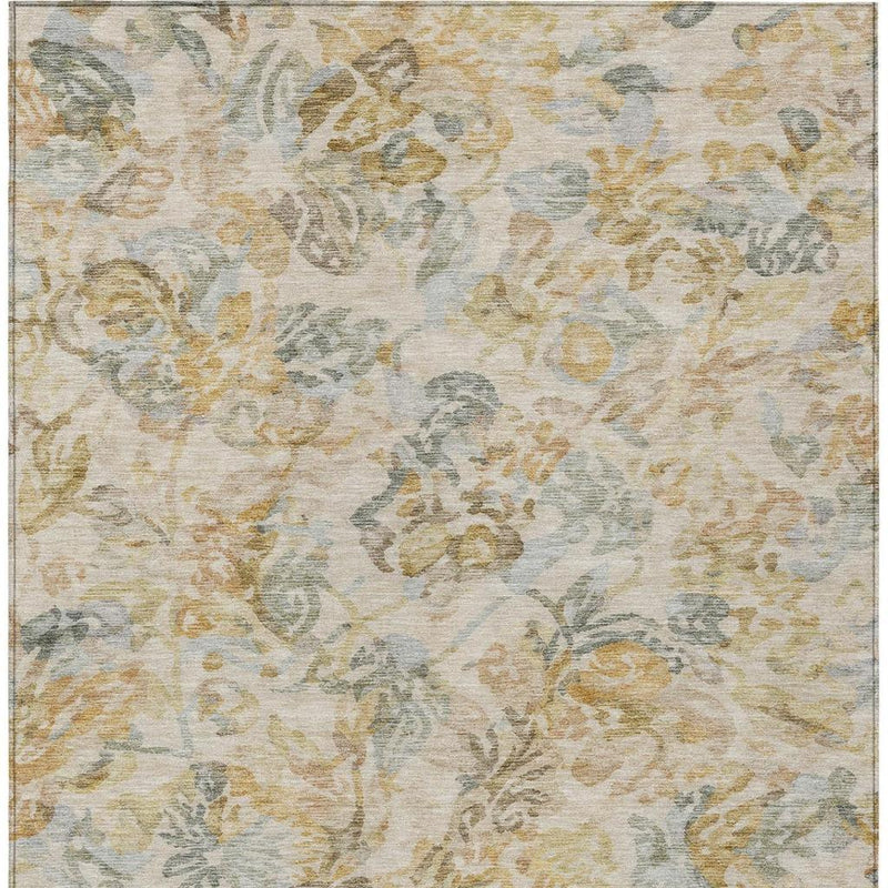 Wheat, gold, and gray floral indoor/outdoor area rug with straight border edge.