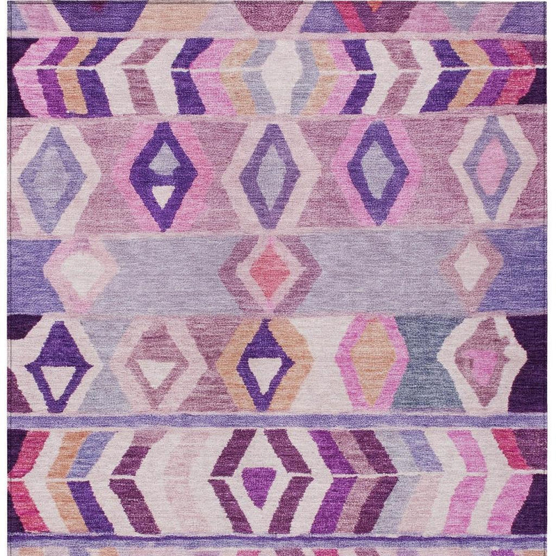 Top view of purple and lavender tribal area rug with repeating diamond motif