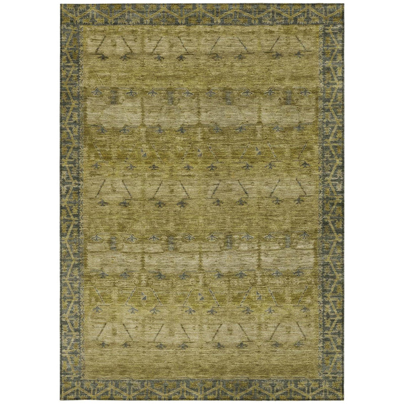 Rectangular 3x5 tribal area rug, olive center with blue border and motifs