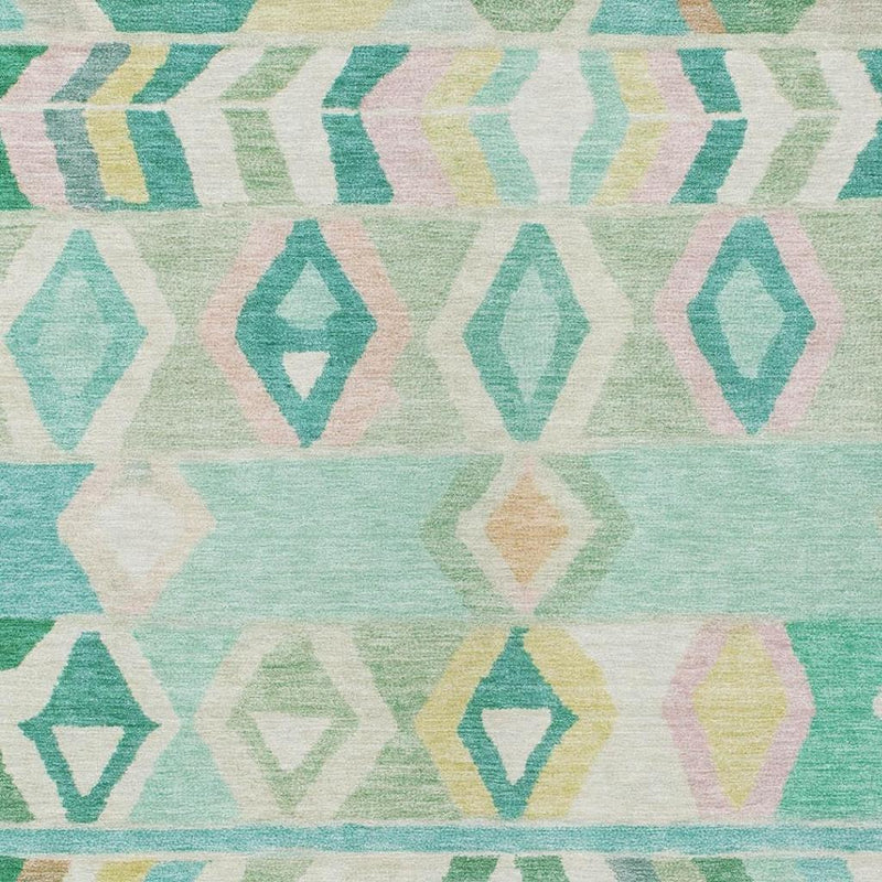 Turquoise and teal tribal area rug repeating diamond and chevron pattern, flatweave look