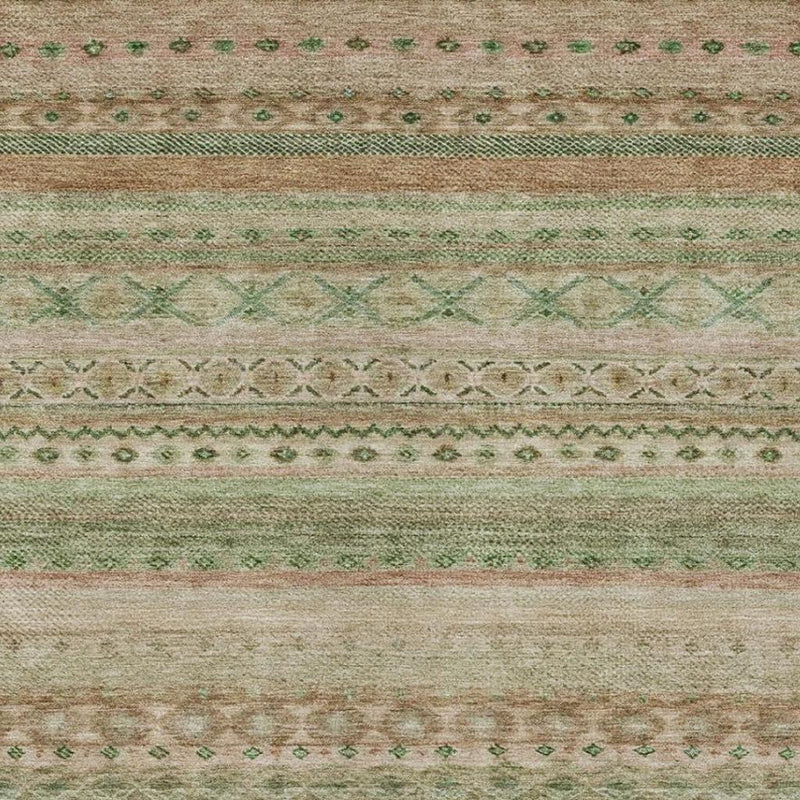 Decorative border striped rug in green, cream, and copper with small motif bands