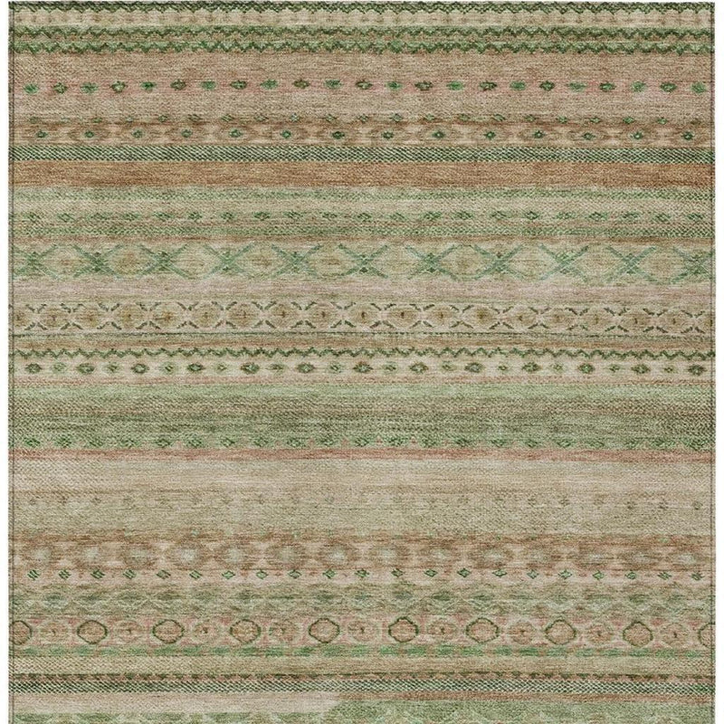 Flatweave striped area rug with repeating green and cream bands and copper tones