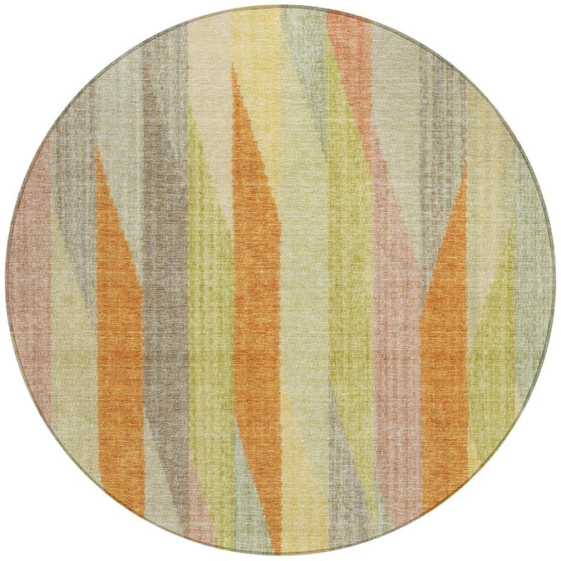 Round washable area rug featuring vertical stripes in gray, gold, green, and orange tones.