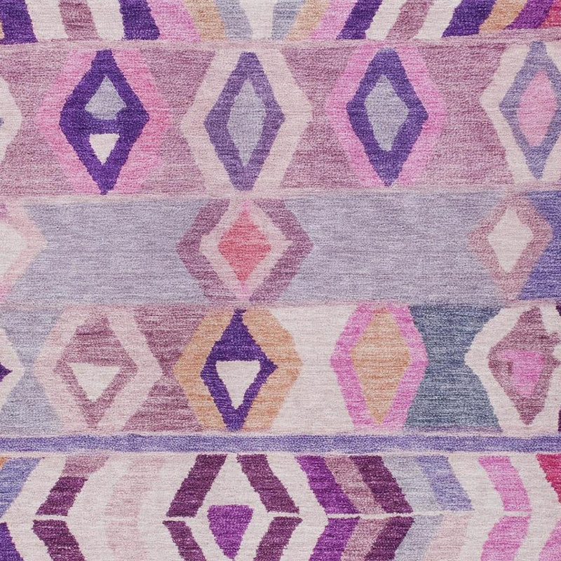 Geometric tribal rug design in purple, lavender, and light gray with repeating shapes