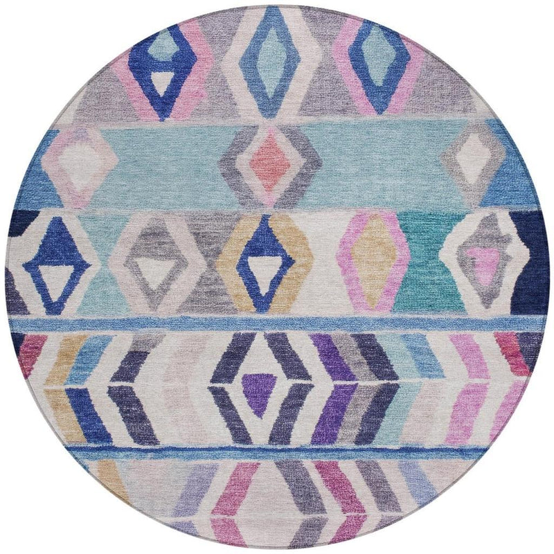 Round area rug front view with tribal diamond medallions and chevrons in blue, lavender, magenta