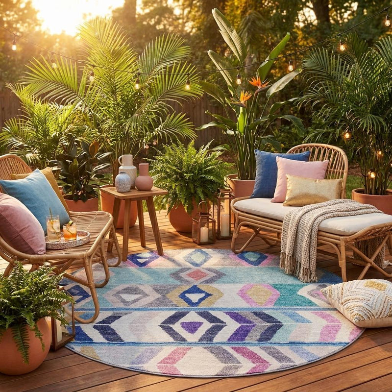 Round area rug on deck featuring tribal geometric motif in blue, gray, pink, and purple tones