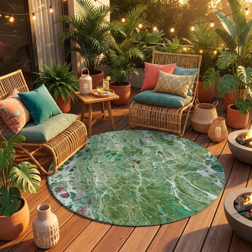 8' Green And Fern Green Round Abstract Washable Indoor Outdoor Area Rug - Sports & Outdoor