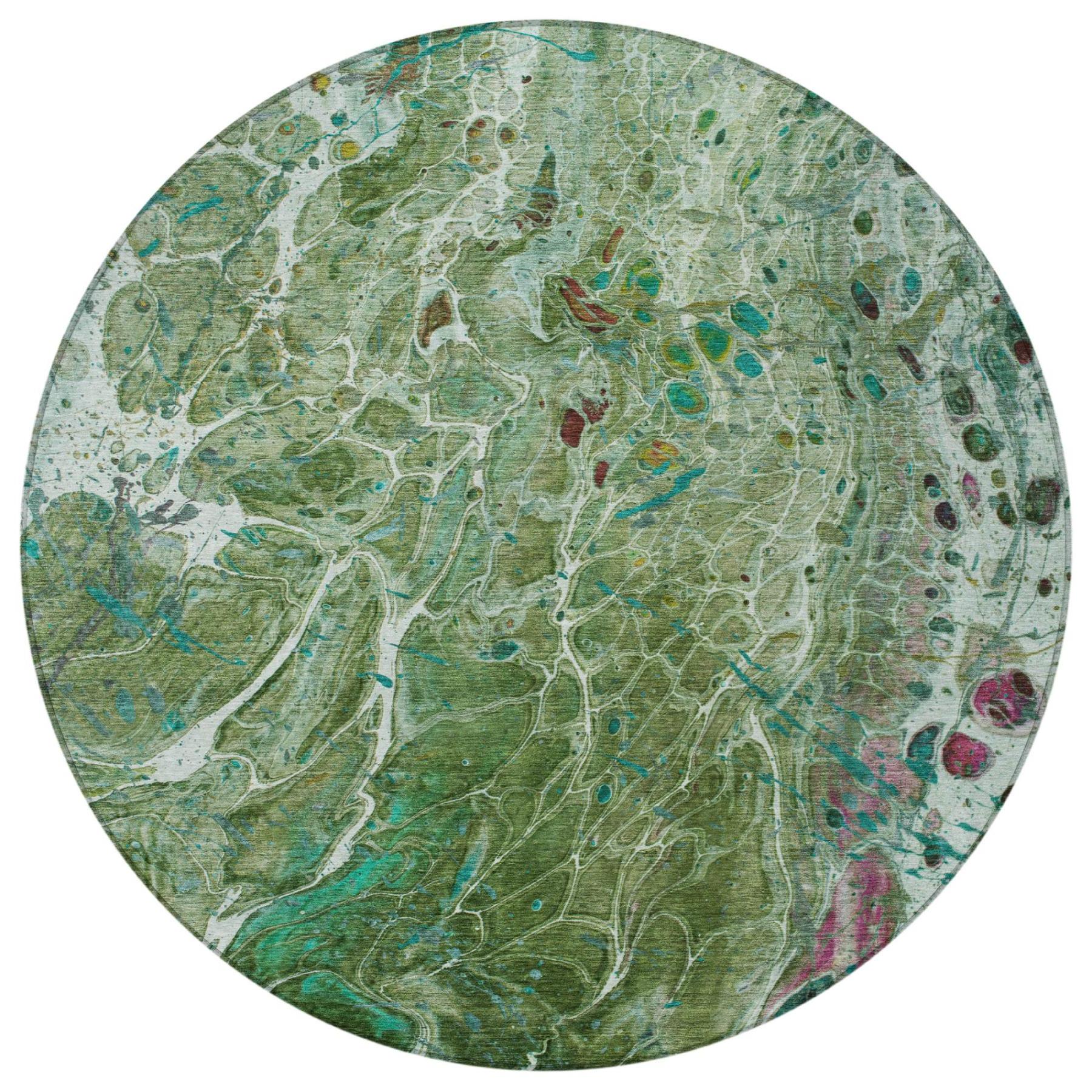 8' Green And Fern Green Round Abstract Washable Indoor Outdoor Area Rug - Sports & Outdoor