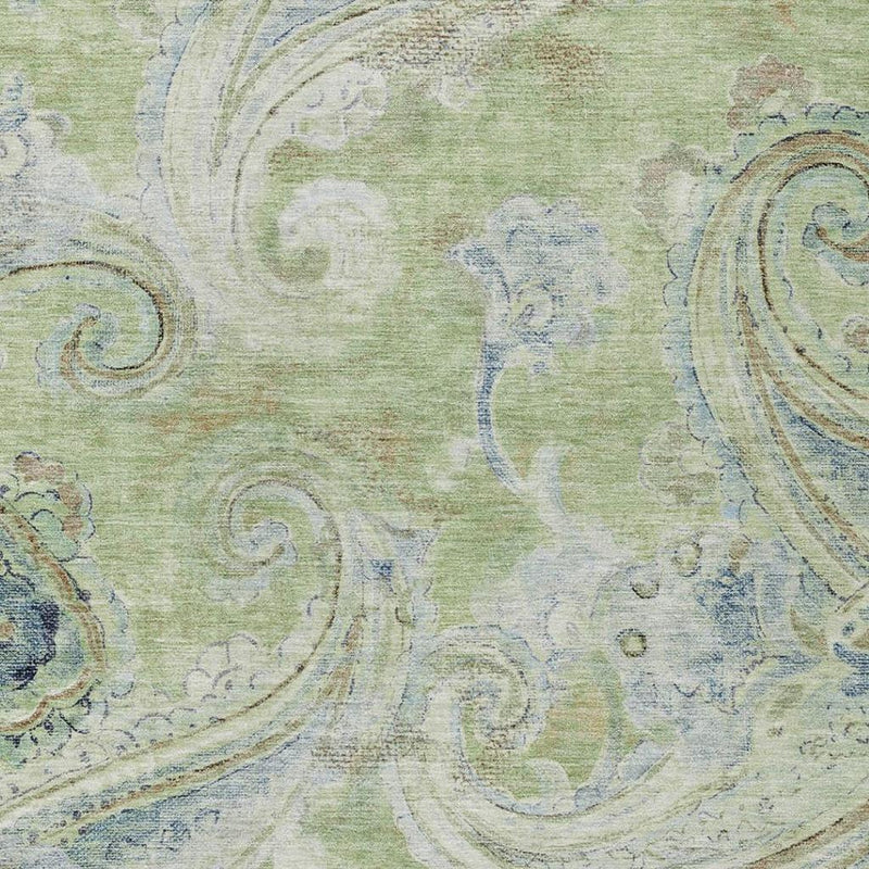 Close-up of green area rug with silver paisley swirl pattern and blue accents