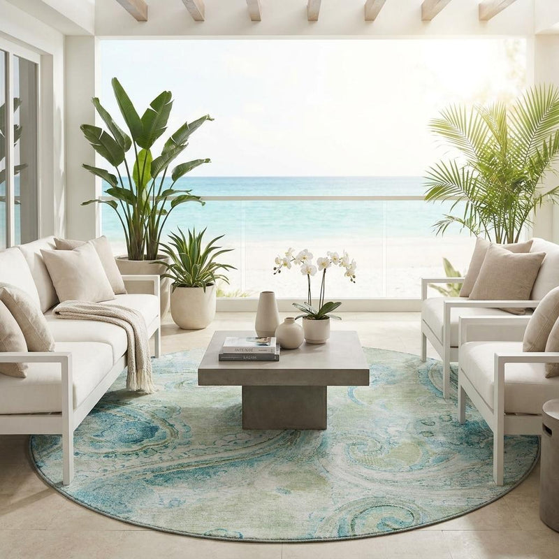 Round indoor/outdoor rug on living room floor with sage green and blue paisley