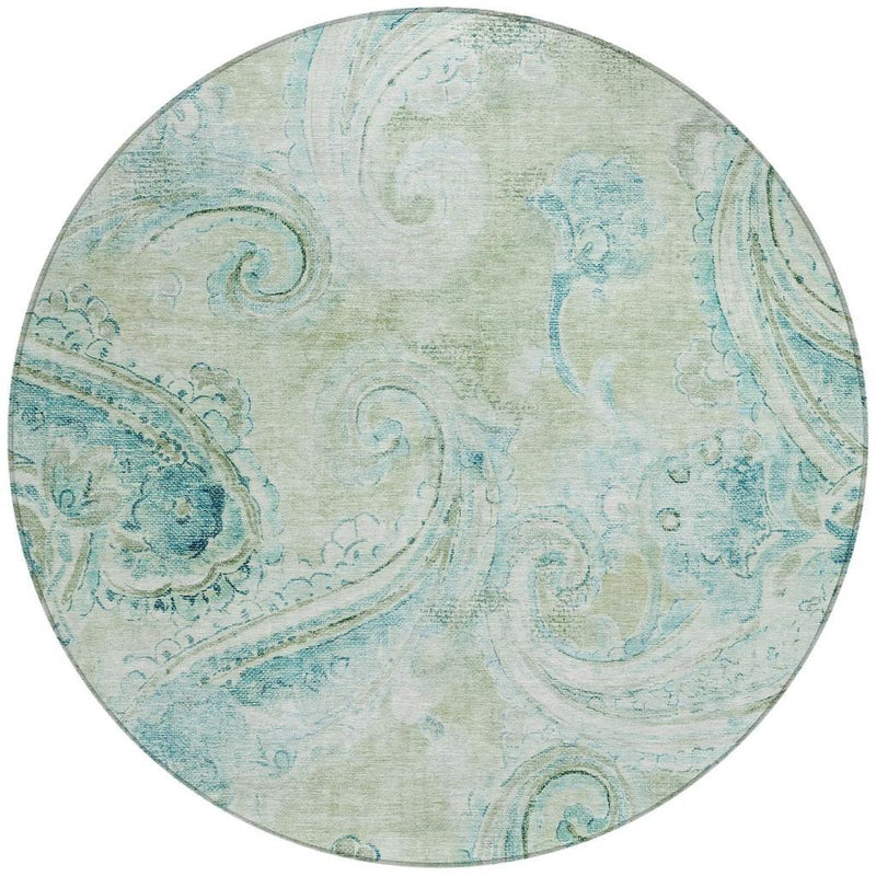 Round area rug with sage green background and blue paisley swirl designs