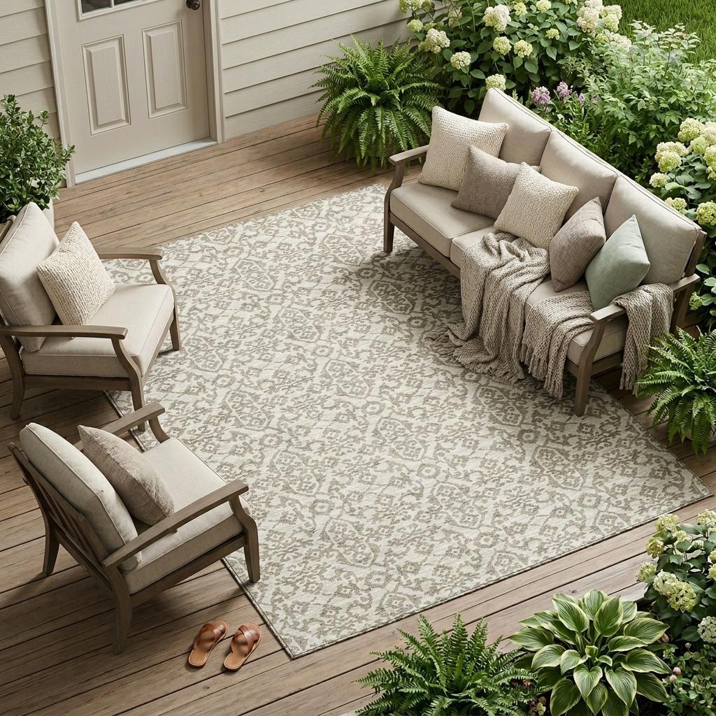 Ivory and beige damask area rug with vintage medallion motif and subtle border