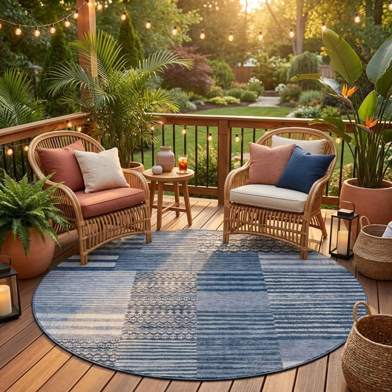 Blue and gray round area rug with patchwork stripe panels