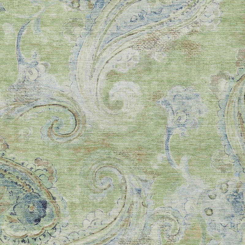 Close-up of green and silver paisley area rug with swirling motif detail