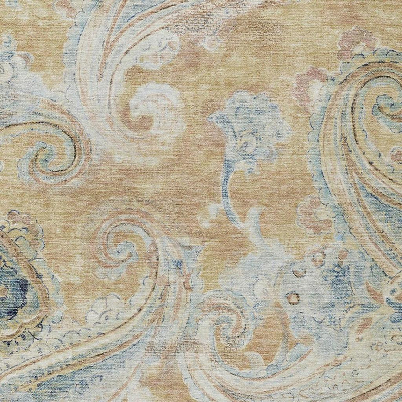 Rectangular rug detail showing beige ground with light blue scrollwork and flourishes