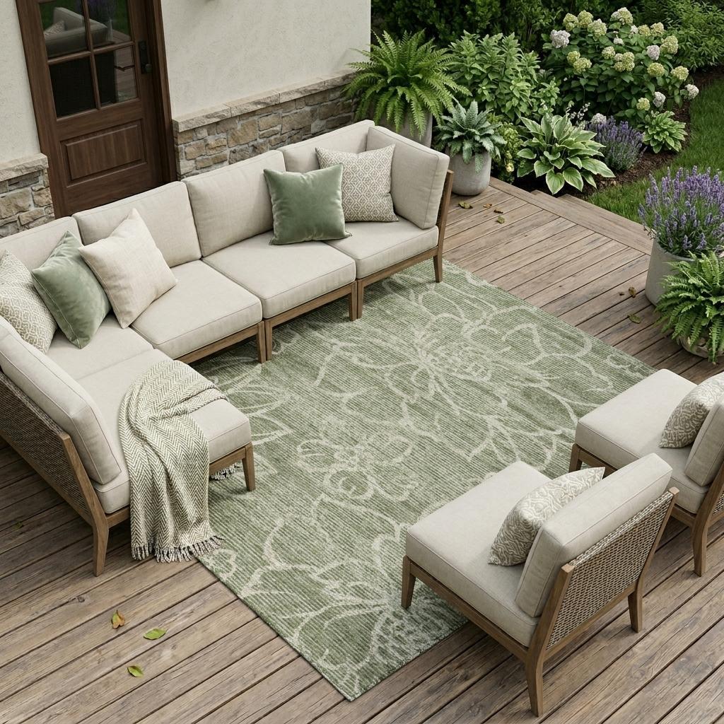 Olive green outdoor area rug with light green botanical floral pattern, rectangular.