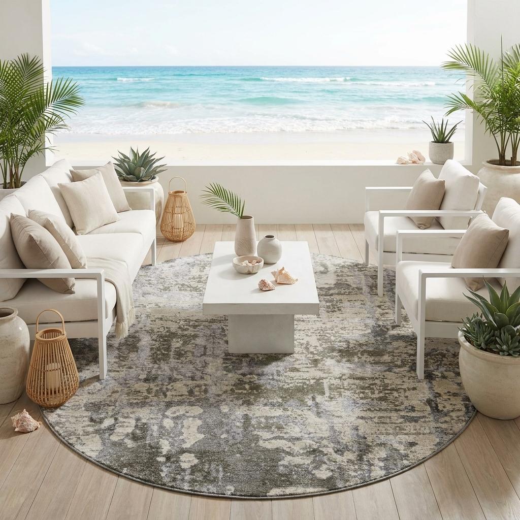 8' Pewter And Gray Round Abstract Washable Indoor Outdoor Area Rug - Outdoor | blocked-missing-media, blocked-out-of-stock,…
