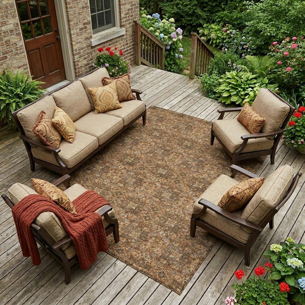 Damask area rug on wooden deck, orange and brown with gray repeating motif