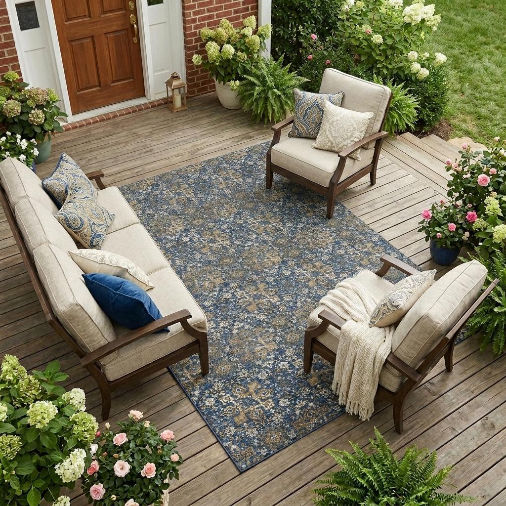 Navy and blue damask area rug in indoor/outdoor space
