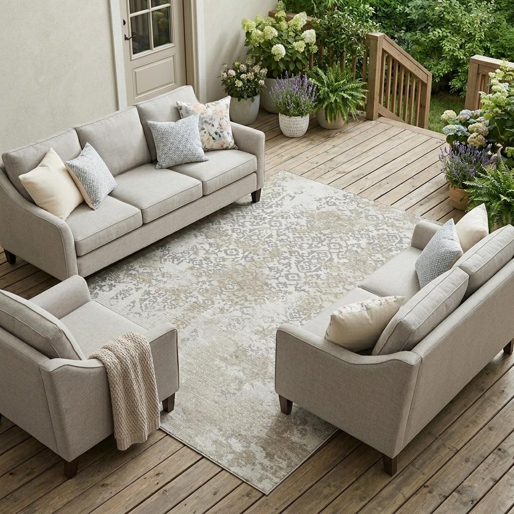 Rectangular ivory and silver abstract area rug with distressed medallion pattern