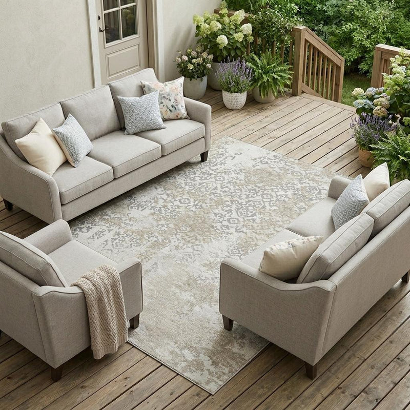 Rectangular ivory and silver abstract area rug with distressed medallion pattern