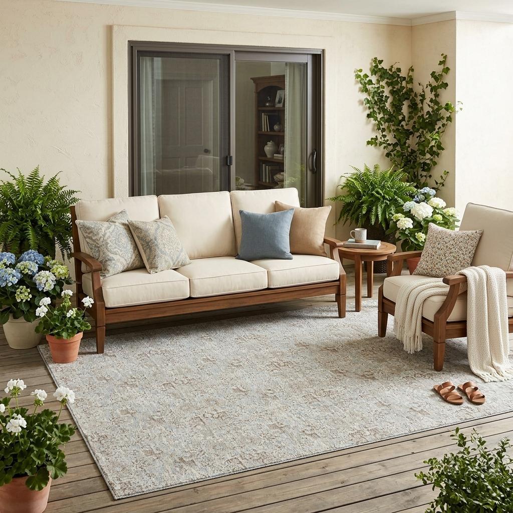 5' X 8' Ivory And Silver Damask Washable Indoor Outdoor Area Rug - Sports & Outdoor