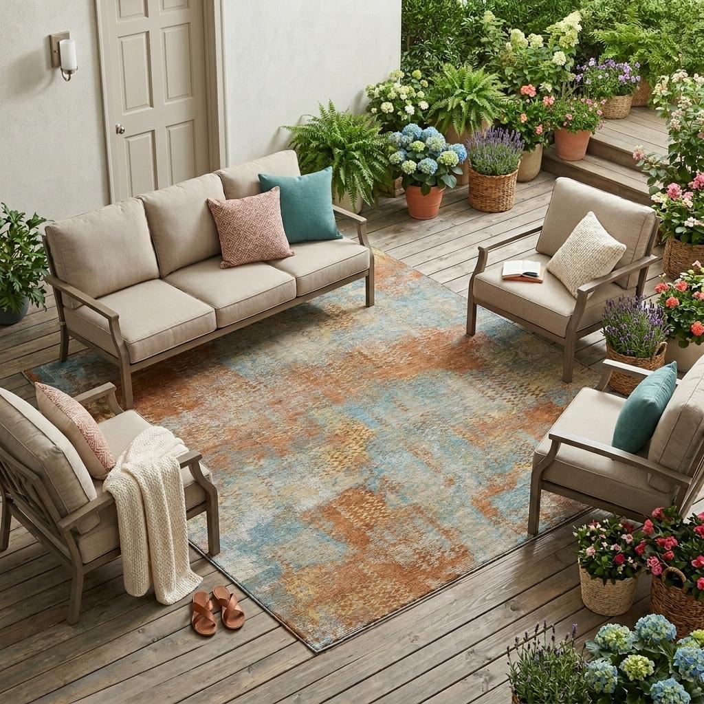Indoor outdoor area rug with distressed abstract design in blue, tan, and rust
