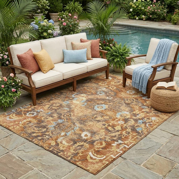 Floral area rug with orange and rust tones and blue accents